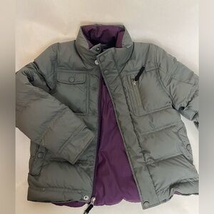 REI Kids Puffer Jacket in Gray with Purple Interior